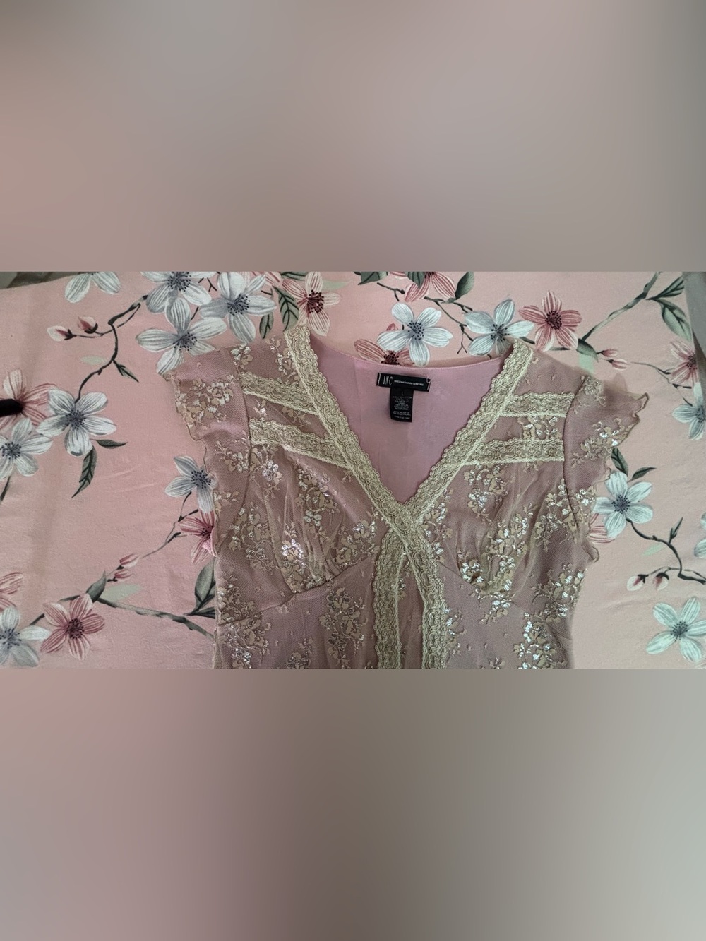 INC International Concepts Dusty Rose Lace-Trim Floral Sheer Blouse - Picture 5 of 5
